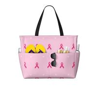 Borsa da spiaggia grande da donna con cerniera e tasca impermeabile, ideale per la sensibilizzazione sul cancro al seno, con nastro rosa, leggera e pieghevole, perfetta per viaggi, spesa, nuoto e spor