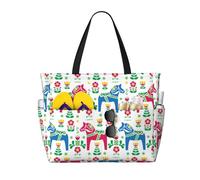 Borsa da spiaggia grande da donna con cerniera e tasca impermeabile, ispirata all'arte popolare svedese e al cavallo Daleclarian, leggera e pieghevole, ideale per viaggi, spesa, nuoto e sport.