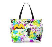 Borsa da spiaggia grande da donna con cerniera e tasca impermeabile, leggera e pieghevole, ideale per viaggi, spesa, nuoto e sport. Motivo a schizzi di inchiostro colorato senza cuciture nei colori C