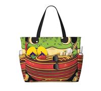 Borsa da spiaggia grande da donna con cerniera e tasca impermeabile, leggera e pieghevole, ideale per viaggi, spesa, nuoto e sport, con stampa di una rana kawaii che mangia ramen in una ciotola.