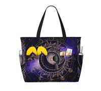 Borsa da spiaggia grande da donna con cerniera e tasca impermeabile, simbolo geometrico sacro, spazio viola, galassia, stelle, sole e luna mistici, leggera e pieghevole, ideale per viaggi, spesa, nuo