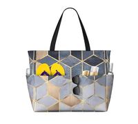 Borsa da spiaggia grande da donna con cubi blu sfumati geometrici color oro simile a un diamante, con cerniera e tasca impermeabile, leggera e pieghevole, ideale per viaggi, spesa, nuoto e sport.