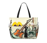 Borsa da spiaggia grande da donna con design musicale - Chitarra, amplificatore e fumetto, con cerniera e tasca impermeabile, borsa da palestra leggera e pieghevole per viaggi, spesa, nuoto e sport.