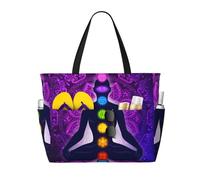 Borsa da spiaggia grande da donna con logo del loto viola e mandala dei sette chakra per yoga e meditazione, con cerniera e tasca impermeabile, leggera e pieghevole, ideale per viaggi, spesa, nuoto e