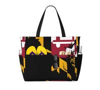 Borsa da spiaggia grande da donna con mappa e bandiera dello stato del Maryland, con cerniera e tasca impermeabile, borsa da palestra leggera e pieghevole per viaggi, spesa, nuoto, sport