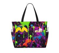 Borsa da spiaggia grande da donna con schizzi neon fosforescenti, con cerniera e tasca impermeabile, leggera e pieghevole, ideale per viaggi, spesa, nuoto e sport.