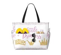 Borsa da spiaggia grande da donna con scritta rosa Little Prince-Ess su sfondo bianco con pizzo, con cerniera e tasca impermeabile, leggera e pieghevole, ideale per viaggi, spesa, nuoto e sport.