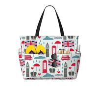 Borsa da spiaggia grande da donna con simboli di Londra e bandiera britannica, con cerniera e tasca impermeabile, leggera e pieghevole, ideale per la palestra, i viaggi, la spesa, il nuoto e lo sport.