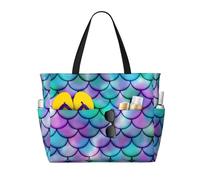 Borsa da spiaggia grande da donna con stampa a squame di pesce e sirena, con cerniera e tasca impermeabile, leggera e pieghevole, ideale per la palestra, i viaggi, la spesa, il nuoto e lo sport.