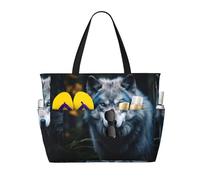 Borsa da spiaggia grande da donna con stampa Blue Eyes Wolf1, impermeabile, pieghevole, con cerniera, ideale per viaggi e vacanze.