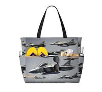 Borsa da spiaggia grande da donna con stampa di aerei da combattimento, impermeabile, pieghevole, con cerniera, ideale per viaggi e vacanze.