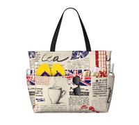 Borsa da spiaggia grande da donna con stampa di giornale della vecchia Londra, con cerniera e tasca impermeabile, leggera e pieghevole, ideale per la palestra, i viaggi, la spesa, il nuoto e lo sport