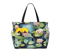 Borsa da spiaggia grande da donna con stampa di ninfee nere, impermeabile, pieghevole con cerniera, ideale per viaggi e vacanze.