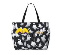 Borsa da spiaggia grande da donna con stampa di un simpatico fantasma bianco di Halloween, impermeabile, pieghevole, con cerniera, ideale per viaggi e vacanze.