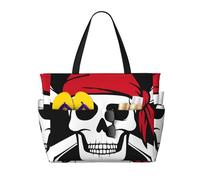 Borsa da spiaggia grande da donna con teschio e tibie incrociate da pirata, con cerniera e tasca impermeabile, leggera e pieghevole, ideale per la palestra, i viaggi, la spesa, il nuoto e lo sport.