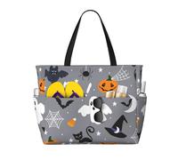 Borsa da spiaggia grande da donna con teschio, fantasma e Boo di Halloween, con cerniera e tasca impermeabile, leggera e pieghevole, ideale per la palestra, i viaggi, la spesa, il nuoto e lo sport.