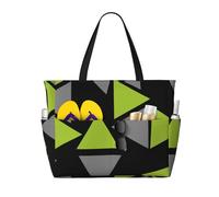 Borsa da spiaggia grande da donna con triangoli, verde lime, nero e grigio, con cerniera e tasca impermeabile, leggera e pieghevole, ideale per la palestra, i viaggi, la spesa, il nuoto e lo sport.