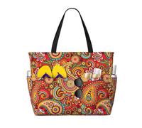 Borsa da spiaggia grande da donna in stile bohémien con stampa floreale paisley rosso acceso, con cerniera e tasca impermeabile, leggera e pieghevole, ideale per la palestra, i viaggi, la spesa, il nu