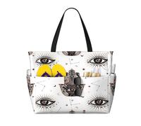 Borsa da spiaggia grande da donna in stile medievale celeste con occhio e amuleto Hamsa o Fatima con cerniera e tasca impermeabile, borsa da palestra leggera e pieghevole per viaggi, spesa, nuoto, sp
