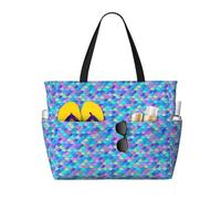 Borsa da spiaggia grande impermeabile e alla sabbia, motivo a squame di pesci arcobaleno blu viola carino da donna con cerniera