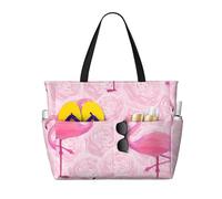 Borsa da spiaggia grande Pink Flamingo per donna con cerniera e tasca impermeabile, borsa da palestra leggera e pieghevole per viaggi, spesa, nuoto, sport