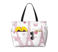 Borsa da spiaggia impermeabile Love Heart Line Paris Tower, borsa tote da spiaggia con cerniera, borsa da viaggio da weekend di grande capacità per donna