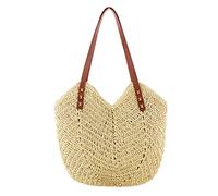Borsa da spiaggia in paglia da donna, grande capacità, in stile bohémien, design vintage intrecciato a mano, manico in pelle con cerniera, perfetta per vacanze al mare, shopping all'aperto e uso