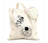 Borsa da spiaggia in poliestere e cotone Tessuto spesso 12 once Astronauta dei cartoni animati che crea un palloncino di sapone a forma di pianeta Materiale delicato sulla pelle 25x30cm Piccola