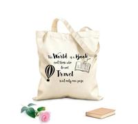 Borsa da spiaggia in poliestere e cotone Tessuto spesso 12 once Il mondo della lettura è una mongolfiera della biblioteca delle citazioni dei libri Materiale delicato sulla pelle 25x30cm Piccola