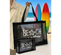 Borsa da spiaggia in rete rosa con stampa a lettere, include una borsa cosmetica e occhiali da sole alla moda. La borsa cosmetica in rete può contenere rossetto e cuscinetto per cipria, borsa da spiag