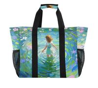 Borsa da spiaggia in tela con pittura a olio per ragazza da laghetto pieghevole con tasche, Pittura a olio d'arte Ragazza dello stagno, 1 size, Moda