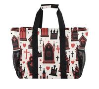 Borsa da spiaggia in tela impermeabile e pieghevole, stile gotico, per Halloween, con croce e bara, per Halloween, colore: rosso e nero, Croce gotica rossa e nera della bara di Halloween, 1 size, Moda