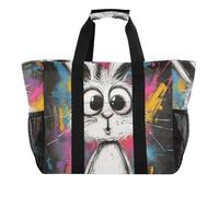Borsa da spiaggia in tela impermeabile pieghevole con disegno di coniglio, cartone animato coniglio Pittura d'arte, 1 size, Moda