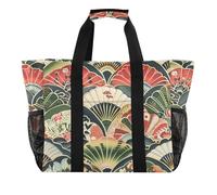 Borsa da spiaggia in tela impermeabile pieghevole in stile giapponese con motivo a ventaglio, Stile giapponese con motivo a ventaglio, 1 size, Moda