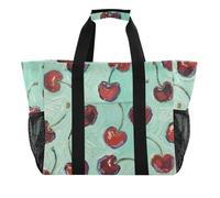 Borsa da spiaggia in tela pieghevole con scomparti con ciliegie e frutta verde, ciliegia frutta verde arte pittura, 1 size, Moda