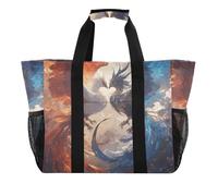 Borsa da spiaggia in tela pieghevole con tasche, motivo: fenice e fuoco, colore: rosso e blu, Ghiaccio rosso e blu e fuoco Phoenix, 1 size, Moda
