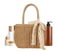 Borsa da spiaggia in tessuto, borsa in paglia, borsa per il trasporto in tessuto con fiocco, da donna, elegante pochette, grande borsa da spiaggia, borsa per la spesa riutilizzabile, cammello, vedi