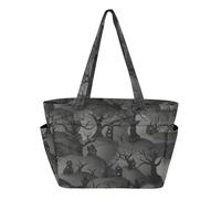 Borsa da spiaggia per viaggi quotidiani con tasche multiple e scomparti con cerniera, mistero su Haunted Hill, grigio