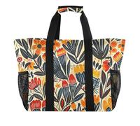 Borsa da spiaggia pieghevole con fiori colorati di arte popolare, borsa per la spesa e la spesa, con scomparti, in tela