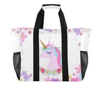 Borsa da spiaggia pieghevole con scomparti con manici e fiori colorati e unicorni, fiori colorati unicorni sogno, 1 size, Moda