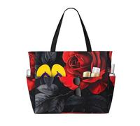 Borsa da spiaggia pieghevole con stampa di rose rosse e foglie nere, comoda borsa da spiaggia per vacanze estive, picnic, campeggio, palestra, uso quotidiano
