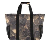 Borsa da spiaggia pieghevole impermeabile con manici e motivo floreale, colore oro e nero, Disegno a tratto, fiore, oro, nero, 1 size, Moda