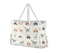 Borsa da spiaggia portatile a prova di sabbia con simpatici dinosauri dei cartoni animati, con tasche laterali, borsa per il weekender, per viaggi, palestra, vacanze
