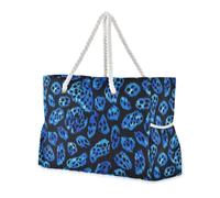 Borsa da spiaggia portatile con stampa leopardata blu e nera a prova di sabbia, con tasche laterali, borsa per la notte, per piscina, palestra, drogheria e viaggi