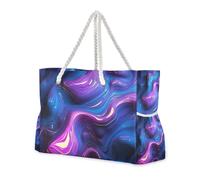 Borsa da spiaggia portatile con texture in marmo blu-viola stile neon con tasche laterali Borsa da viaggio con portabicchieri sul lato