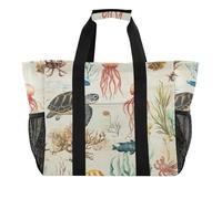 Borsa da spiaggia resistente all'acqua pieghevole della tela di canapa delle borse di utilità del pesce tartaruga dell'annata beige, Pesce tartaruga vintage beige, 1 size, Moda