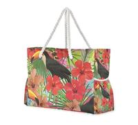 Borsa da spiaggia resistente con fiori tropicali e uccelli con tasche laterali, grande borsa weekend con portabicchieri sul lato