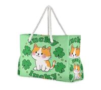 Borsa da spiaggia robusta per il giorno di San Patrizio con simpatico gatto marrone con cerniera da donna per computer borse da lavoro con portabicchieri sul lato