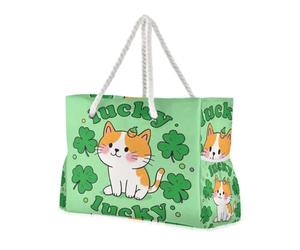 Borsa da spiaggia robusta per il giorno di San Patrizio con simpatico gatto marrone con cerniera da donna per computer borse da lavoro con portabicchieri sul lato