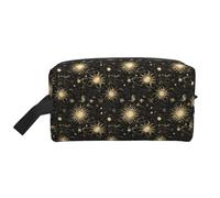 Borsa da toeletta bohémien con stampa di sole dorato e stelle, per uomo e donna, borsa da viaggio per cosmetici, da appendere, per accessori da viaggio
